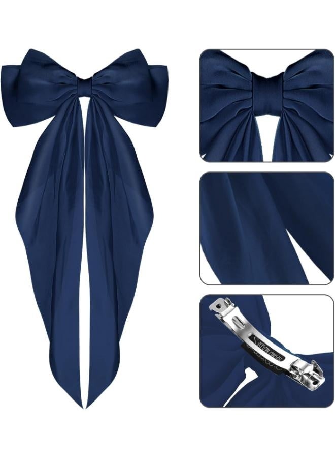 Large hair clips with a long bow and a long tail in dark blue - Image 2