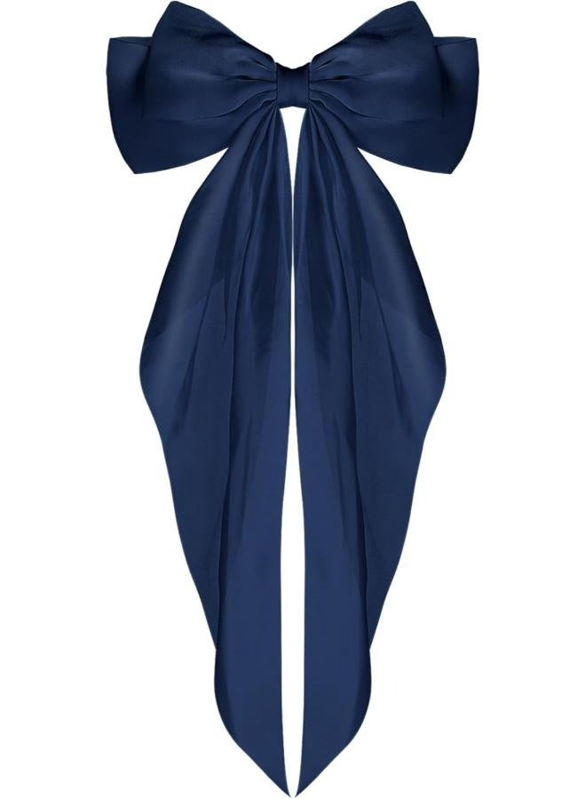 Large hair clips with a long bow and a long tail in dark blue - Image 1
