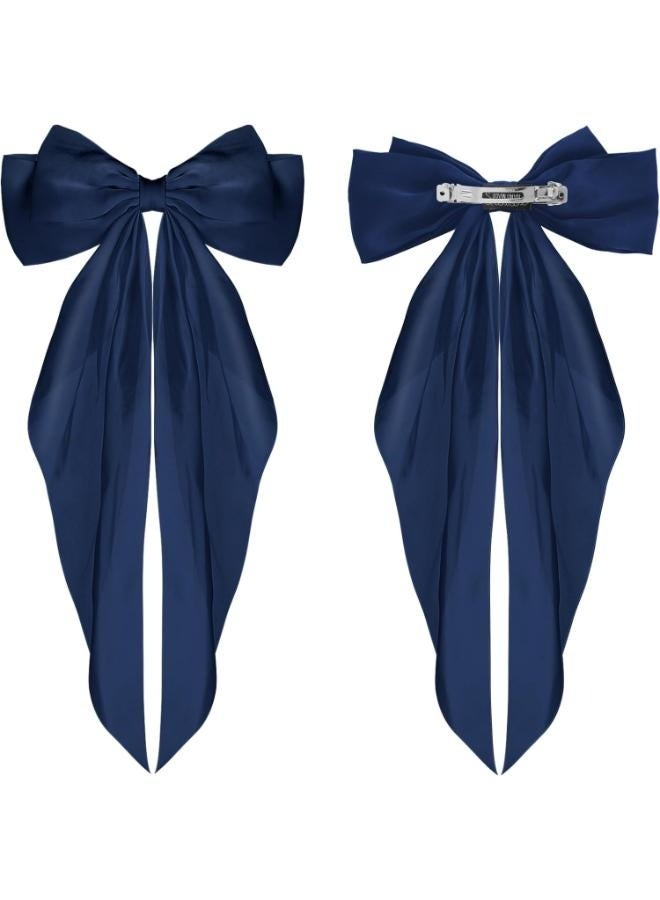 Large hair clips with a long bow and a long tail in dark blue - Image 3