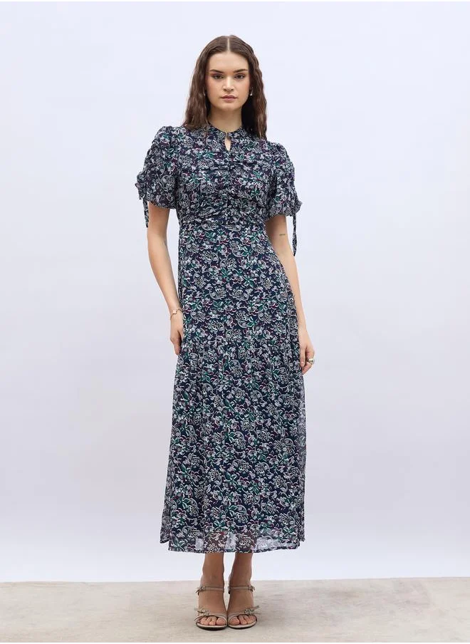 ستايلي Styli All-Over Floral Print Balloon Sleeves A-Line Maxi Dress with Ruched Detail