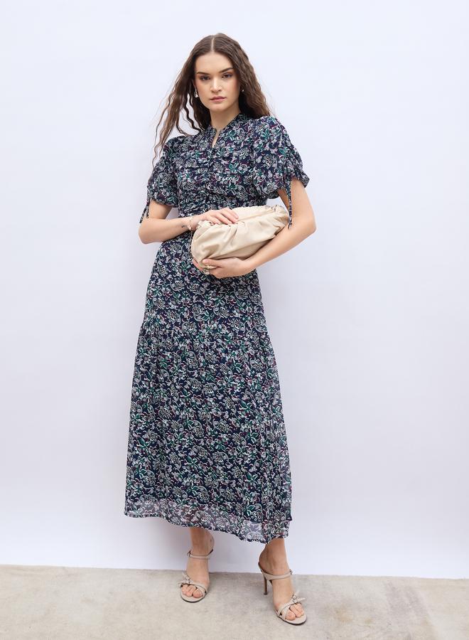 Styli All-Over Floral Print Balloon Sleeves A-Line Maxi Dress with Ruched Detail - Image 1