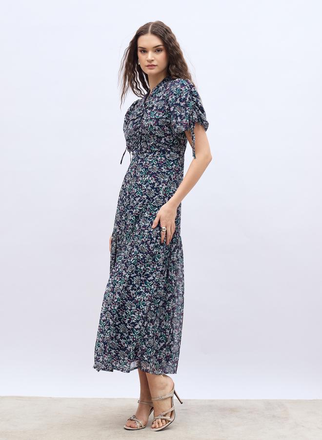 Styli All-Over Floral Print Balloon Sleeves A-Line Maxi Dress with Ruched Detail - Image 3