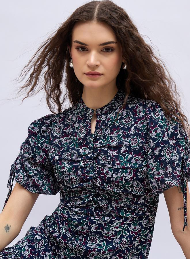 Styli All-Over Floral Print Balloon Sleeves A-Line Maxi Dress with Ruched Detail - Image 4