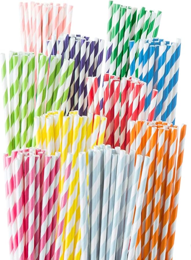 Weemium Paper Straws Disposable - 200 Pack - Durable & Non-Soggy Striped Paper Straws for Drinking in 10 Colors - 100% Biodegradable & Eco-Friendly for Parties, Events, Crafts & Everyday Use