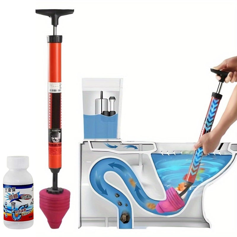 Pressure Toilet Unblock One Shot Toilet Pipe Plunger with Drain Cleaner Powder for Clogged Pipe, Toilet Blockage Remover, High-Pressure Nozzle Toilet Unclogger, Drain Declogger Tool - Image 1