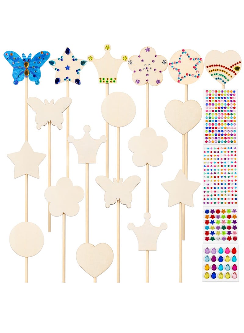 Excefore مجموعة عصي الجنيات للأميرات، عصي جنيات خشبية DIY، تشمل 18 قطعة 6 أنماط عصى أميرات خشبية غير مكتملة و4 ملصقات جواهر، عرض سحري فني للأميرات لوازم الحفلات - Image 1