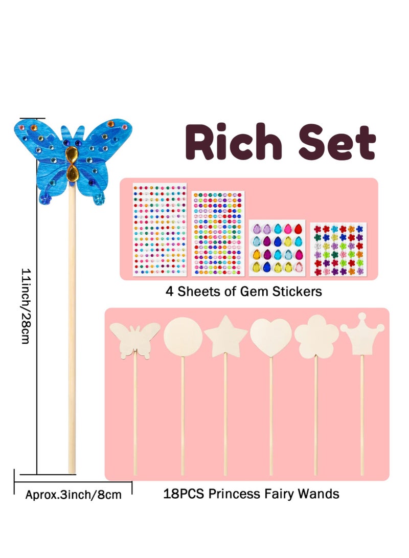 Excefore مجموعة عصي الجنيات للأميرات، عصي جنيات خشبية DIY، تشمل 18 قطعة 6 أنماط عصى أميرات خشبية غير مكتملة و4 ملصقات جواهر، عرض سحري فني للأميرات لوازم الحفلات - Image 2