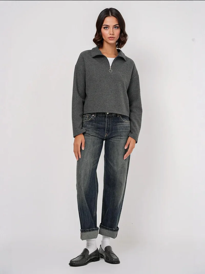 بيغ دارت BDART Relaxed Fit Crop Sweater with Zipper Collar