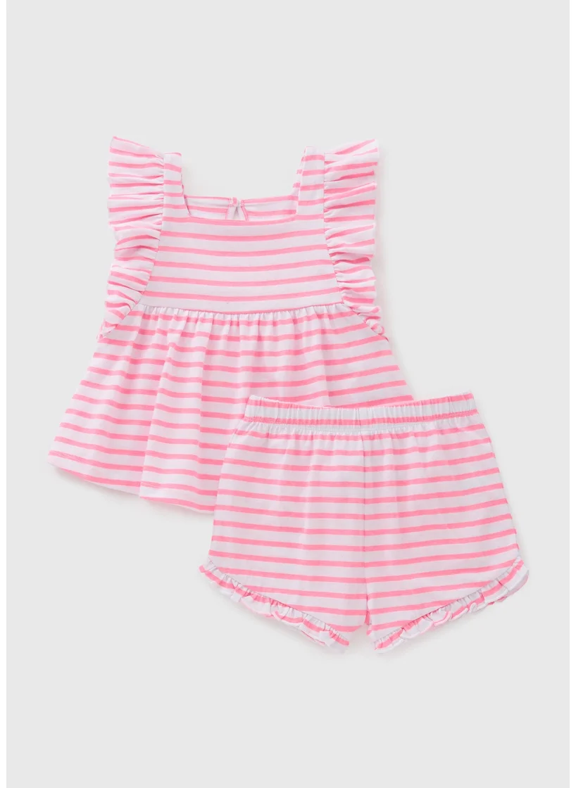 Matalan Girls Pink Stripe Frill Top & Shorts Set