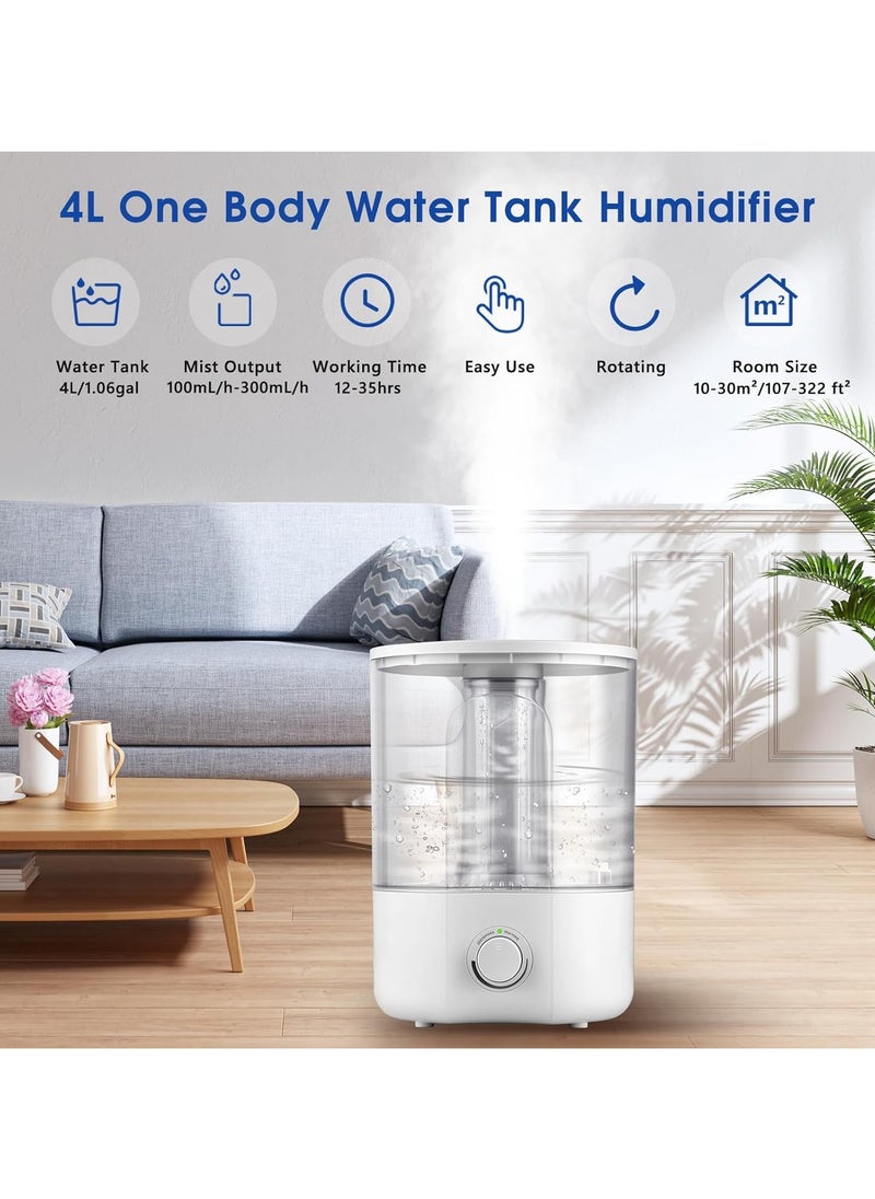 Air Humidifier for Whole House Room, 4L Ultrasonic Cool Mist Humidifier for Large Room, Adjustable 360° Knob, Auto Shut-Off, Aroma Diffuser, Essential Oil Function, Lower Noise, Humidify for Any Room.