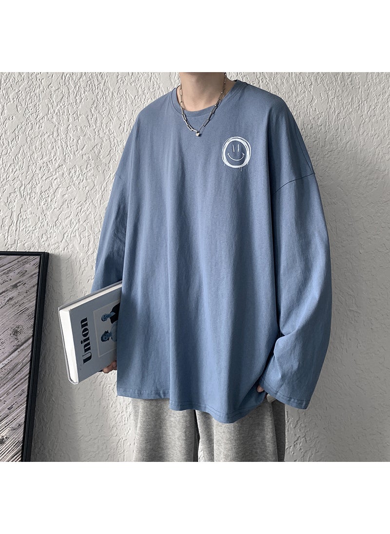 Generic - Versatile2021 Spring Autumn Thin Long Sleeve T-Shirt For Men Japanese Harajuku Style Smiley Face Hong Kong Trendy Loose-Fit Tee Lake Green - Image 1