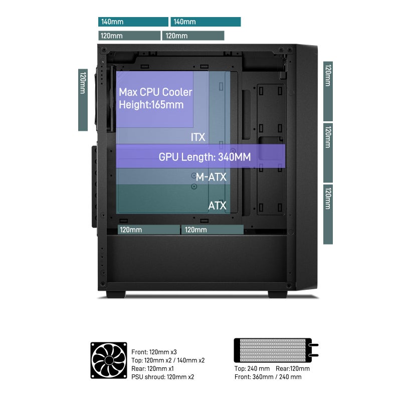 DARKROCK EC2 Black ATX Mid Tower PC Case, Type-C Ready, Supports 50 Series Graphics Cards, Tempered Glass Side Panel, up to 8 x 120mm Cooling Fans & 1 x 360mm Radiator, 1 x Pre-Installed Fan - Image 4
