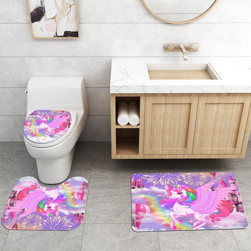 Planially 4Pcs Unicorn Kids Shower Curtain Set with Memory Bath Mat, Non-Slip Bathroom Rugs and Toilet Lid Cover, Waterproof Purple Shower Curtain Set with Hooks, Girls Kids Bathroom Decor Sets - Image 3