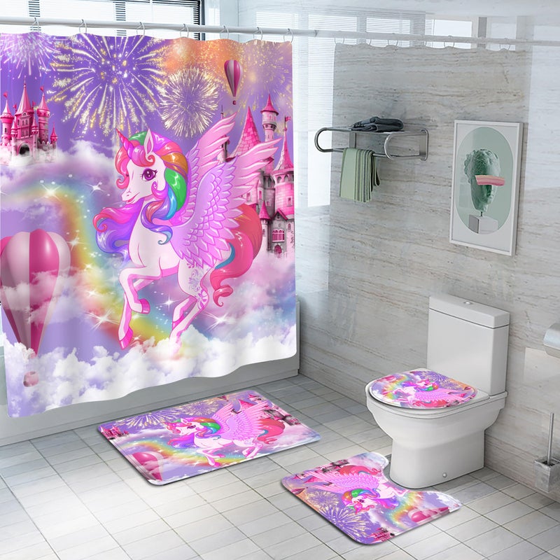 Planially 4Pcs Unicorn Kids Shower Curtain Set with Memory Bath Mat, Non-Slip Bathroom Rugs and Toilet Lid Cover, Waterproof Purple Shower Curtain Set with Hooks, Girls Kids Bathroom Decor Sets - Image 1