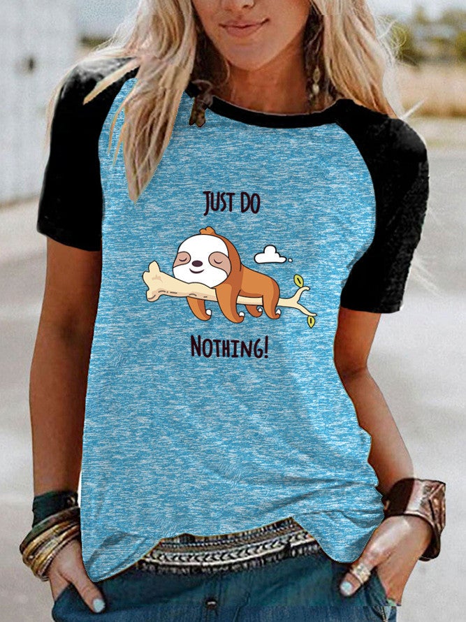wish fun sloth pattern printed Raglan contrast short sleeve t-shirt - Image 4
