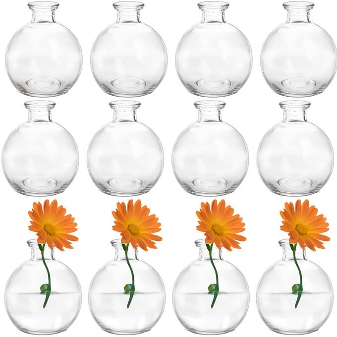 SET OF 12 SMALL GLASS BALL BUD VASE UNIQUE MINI LOW SITTING FLOWER VASE CLEAR FLORAL CENTERPIECES FOR HOME DECOR WEDDINGS FLORAL ARRANGEMENTS EVENTS PARTIES