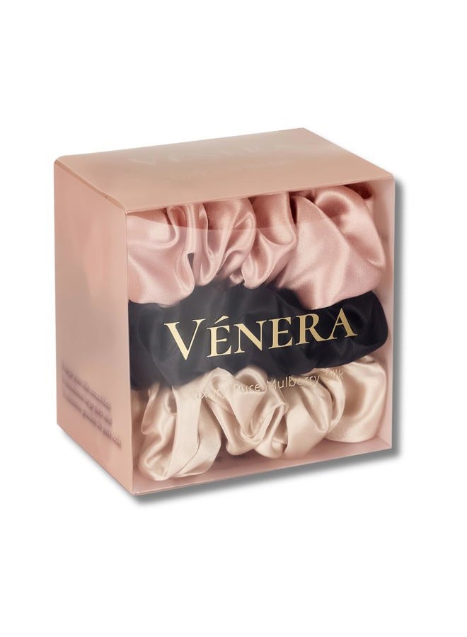 Vénera 100% Pure 22 Momme Mulberry Silk Scrunchies -Frizz&Breakage Prevention-Hair Care Ponytail Holders for Women- Silk Hair Ties (Black, Caramel, Pink) - Image 1