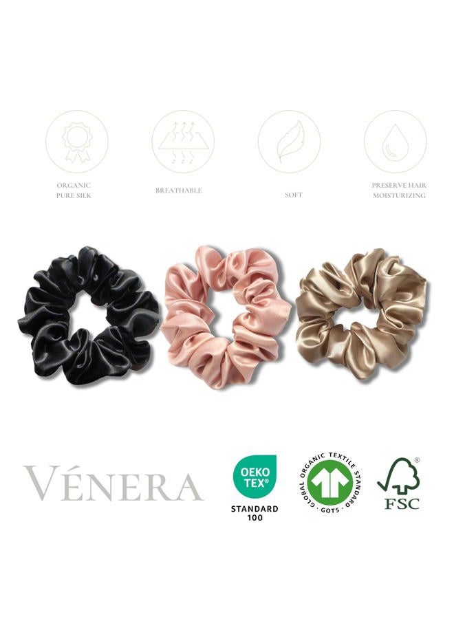 Vénera 100% Pure 22 Momme Mulberry Silk Scrunchies -Frizz&Breakage Prevention-Hair Care Ponytail Holders for Women- Silk Hair Ties (Black, Caramel, Pink) - Image 2