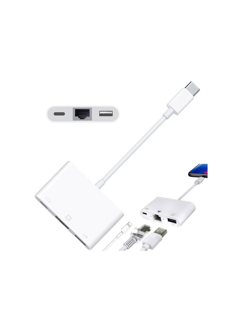 Lightning to Ethernet Adapter with Charging Port & USB 3.0 – 3-in-1 Fast RJ45 LAN Network Adapter for Smartphones and Tablets, 10/100 Mbps