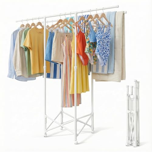 Tujurich Clothes Drying Rack Double Rod Extendable 331567 Inches No Assembly Foldable Clothing Rack for Hanging Clothes with Wheels for Indoor Outdoor Laundry Room Organization White - Image 1