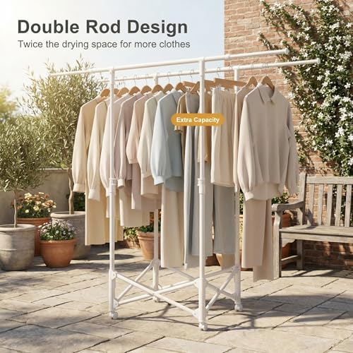 Tujurich Clothes Drying Rack Double Rod Extendable 331567 Inches No Assembly Foldable Clothing Rack for Hanging Clothes with Wheels for Indoor Outdoor Laundry Room Organization White - Image 3