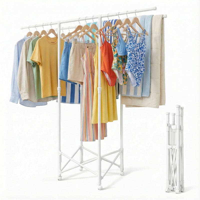 Tujurich Clothes Drying Rack Double Rod Extendable 331567 Inches No Assembly Foldable Clothing Rack for Hanging Clothes with Wheels for Indoor Outdoor Laundry Room Organization White - Image 2