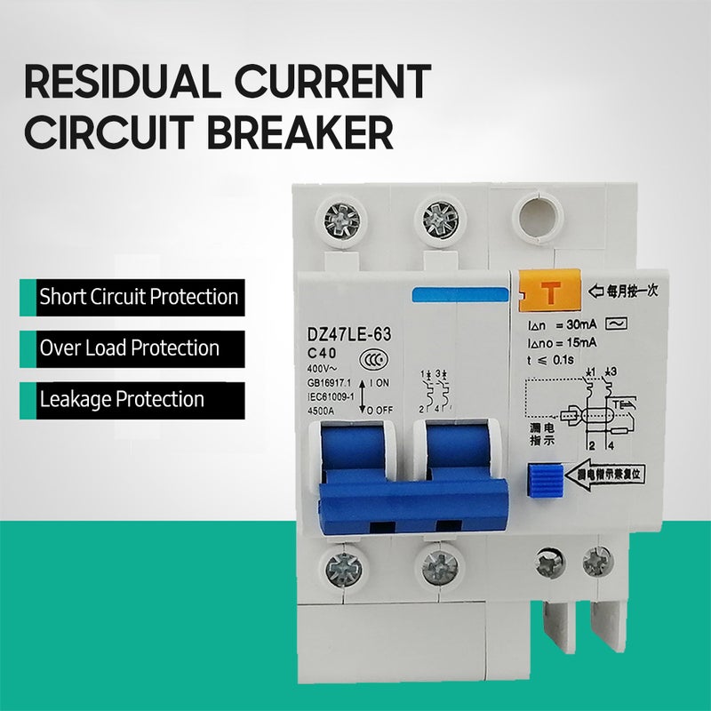 Miniature Residual Current Circuit Breaker 2 Poles 30mA 400V Household Electric Leakage Protector DIN Rail Installation DZ47LE-63 - Image 5