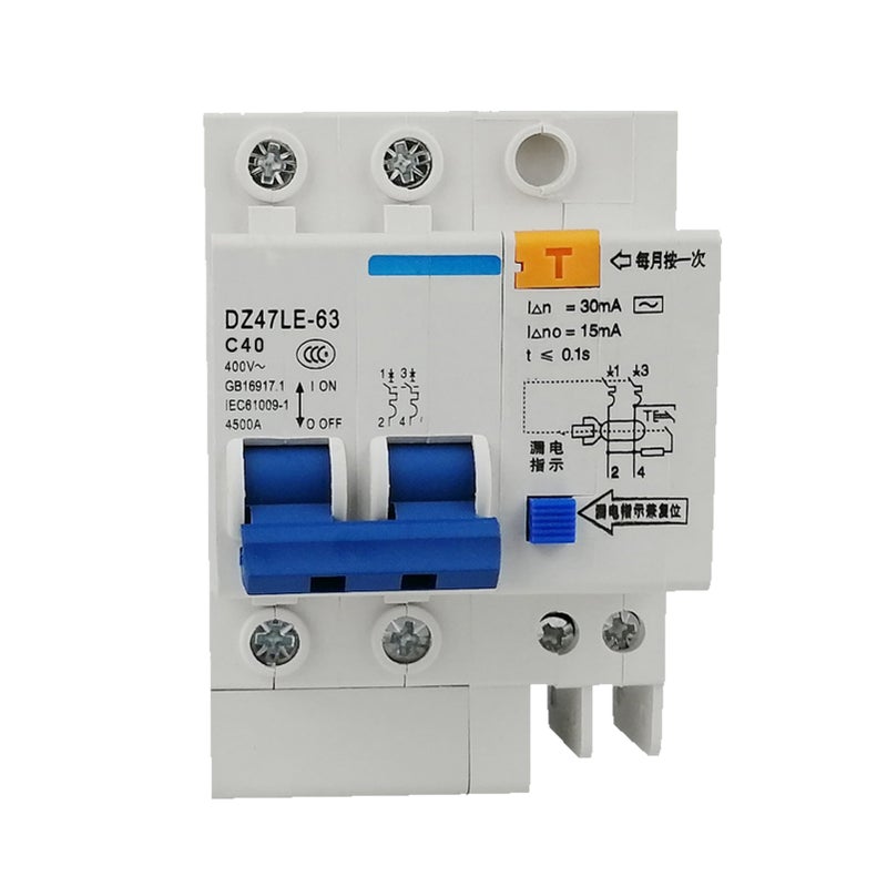 Miniature Residual Current Circuit Breaker 2 Poles 30mA 400V Household Electric Leakage Protector DIN Rail Installation DZ47LE-63 - Image 1