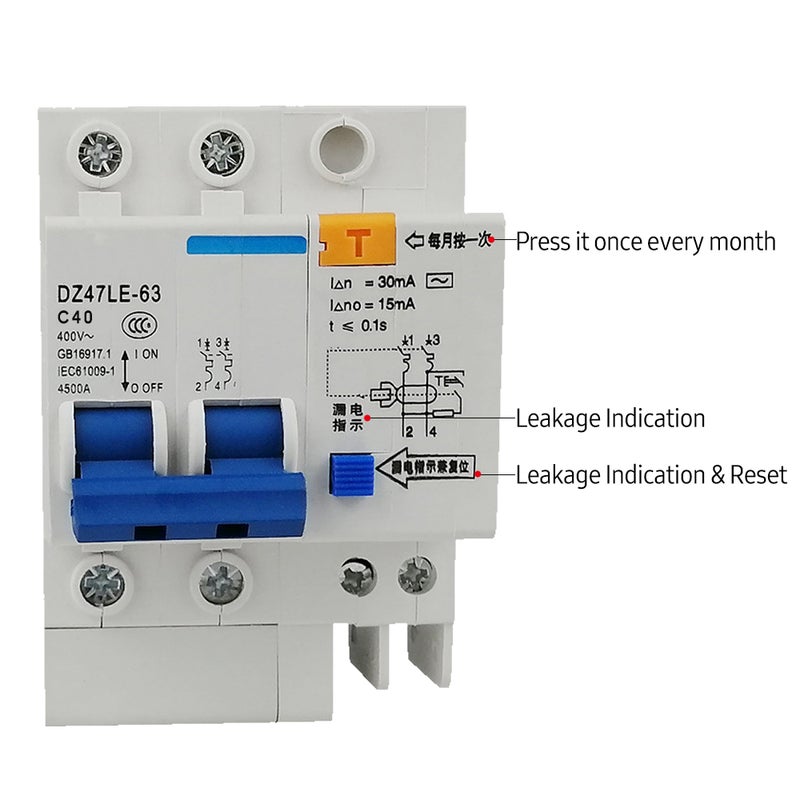 Miniature Residual Current Circuit Breaker 2 Poles 30mA 400V Household Electric Leakage Protector DIN Rail Installation DZ47LE-63 - Image 4