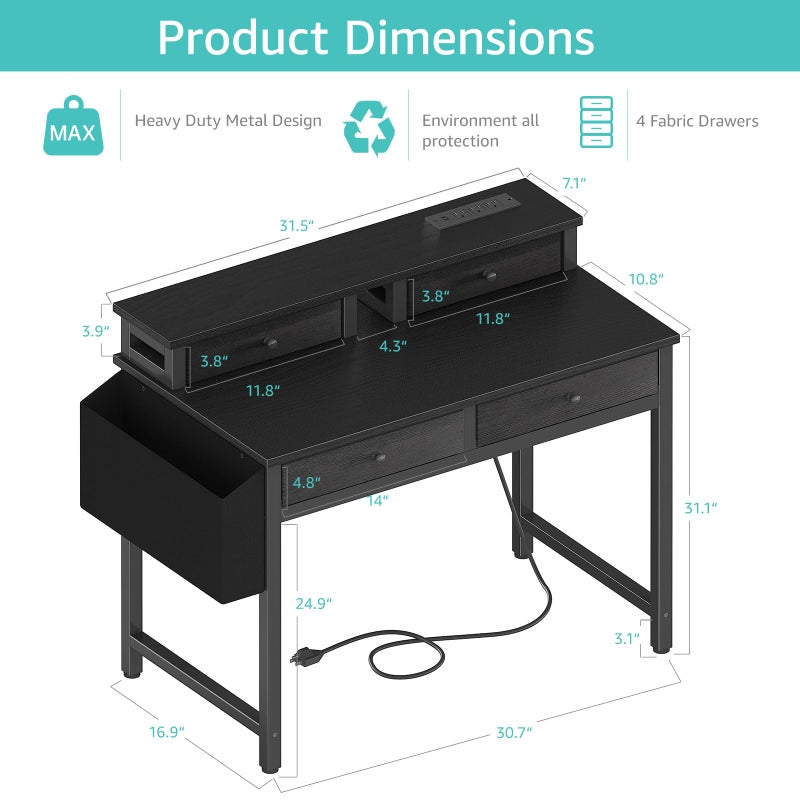 Lufeiya Small Desk with Drawers for Home Office Bedroom, 31 inch Black Writing Study Desks with Fabric Drawers Storage, Gaming Desk Table with Power Outlet & Monitor Stand, Black - Image 3