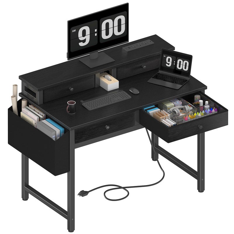 Lufeiya Small Desk with Drawers for Home Office Bedroom, 31 inch Black Writing Study Desks with Fabric Drawers Storage, Gaming Desk Table with Power Outlet & Monitor Stand, Black - Image 1