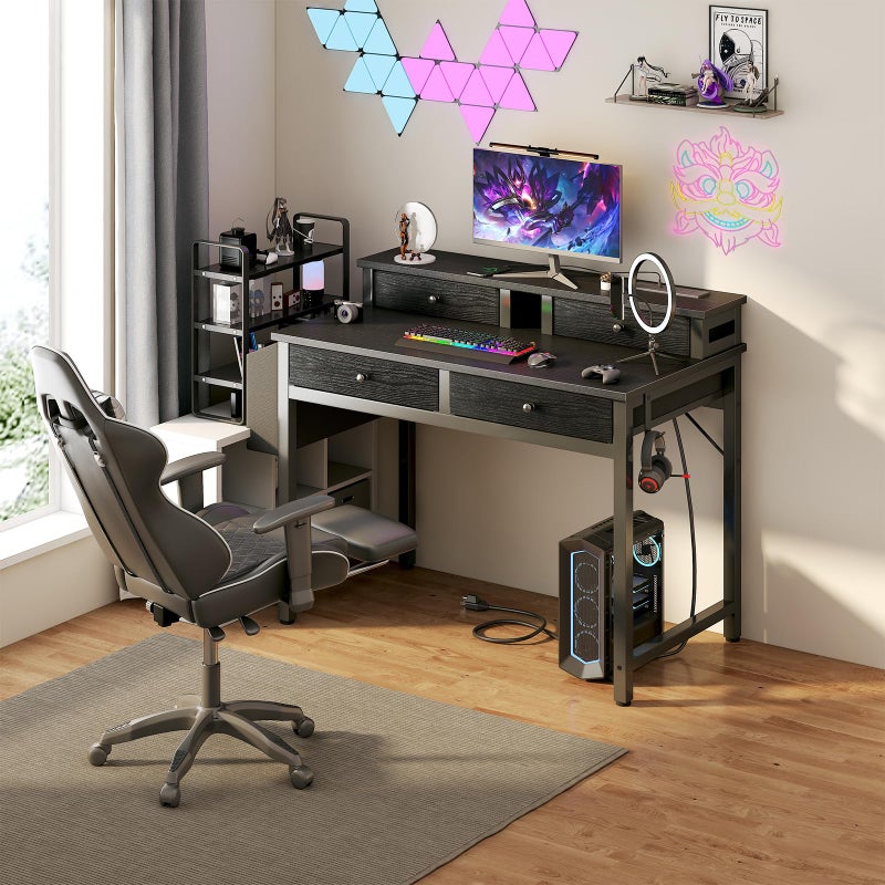 Lufeiya Small Desk with Drawers for Home Office Bedroom, 31 inch Black Writing Study Desks with Fabric Drawers Storage, Gaming Desk Table with Power Outlet & Monitor Stand, Black - Image 4