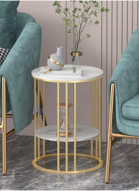 Elegant Round Side Table with Marble-Effect Top and Lower Shelf