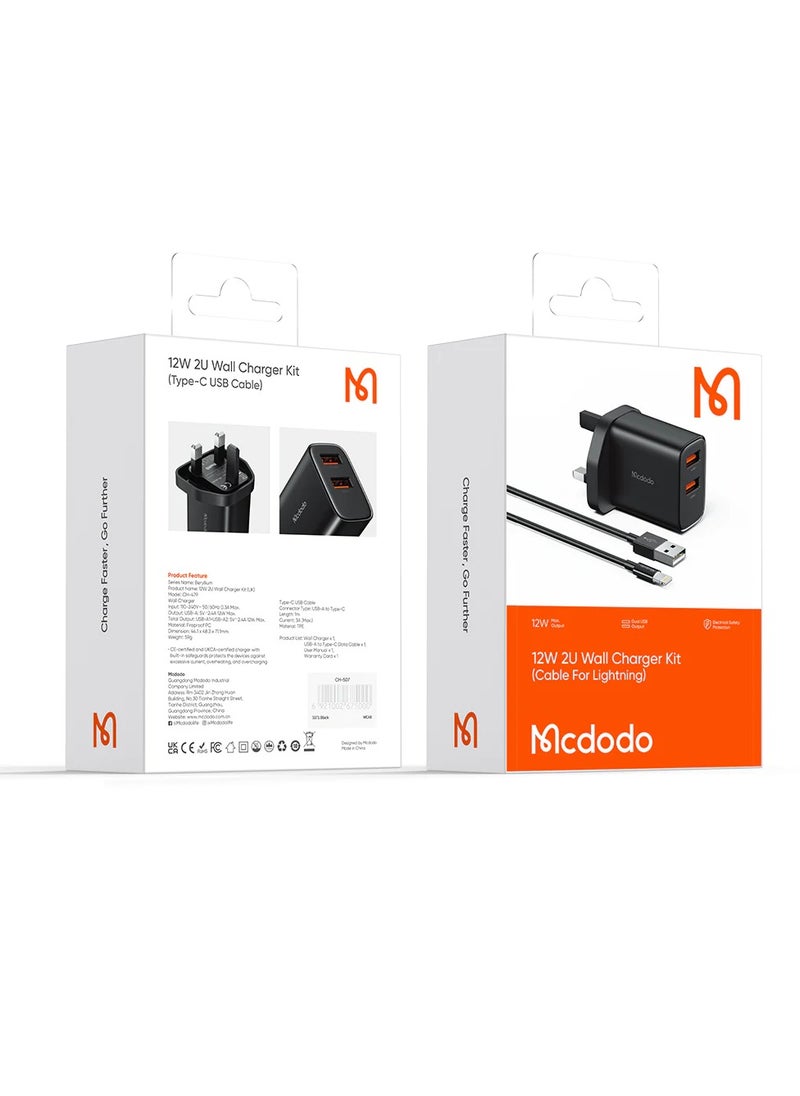 Mcdodo - Mcdodo 12W Dual USB Port Charging Adapter + Lightning Cable CH-4791 - Image 1