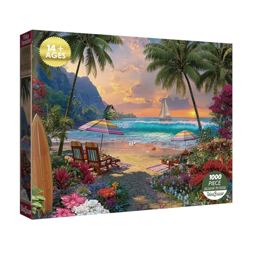 IdeaBazar Colorful Beach Ocean Puzzles for Adults 1000 Pieces Nature Beautiful Hawaii Bird Flower Plant Tree Jigsaw Puzzles Pretty Landscape Sunset Sailboat Floral Scenery Puzzle - Image 1