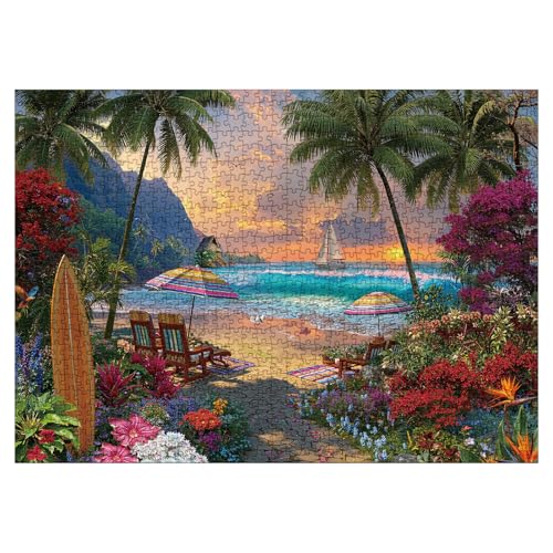 IdeaBazar Colorful Beach Ocean Puzzles for Adults 1000 Pieces Nature Beautiful Hawaii Bird Flower Plant Tree Jigsaw Puzzles Pretty Landscape Sunset Sailboat Floral Scenery Puzzle - Image 5