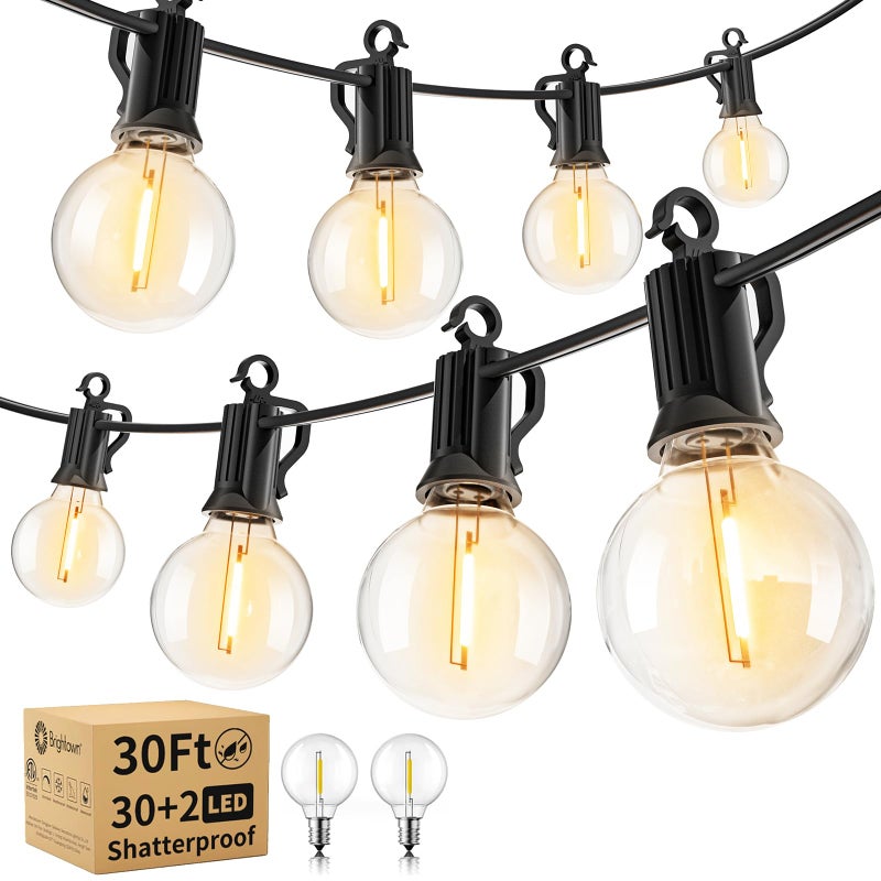 Brightown Outdoor String Lights - Waterproof Globe Patio Lights 30 Ft with 30 G40 Shatterproof LED Bulbs, Connectable Commercial Hanging Light for Backyard, Bistro, Porch, Cafe, Deck, Garden - Image 1