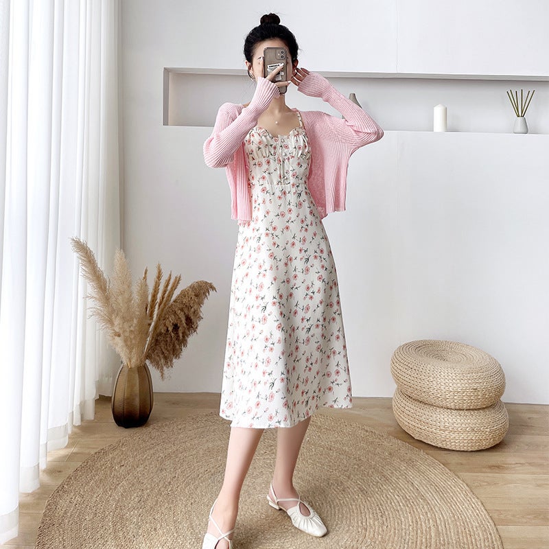 2023 New Spring and Summer French First Love Petite Suspender Long Skirt Floral Dress Womens Sweet Little Skirt Suit Pink cardigan - Image 1