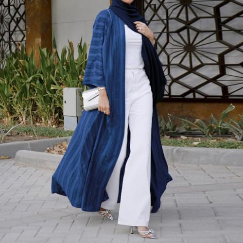 ODIZLI Abaya Dress For Women Cardigan Robe Muslim Clothes Long Sleeve Stripe Open Front Kaftan Dress Loose Kimono Middle East Ethnic Shirts Dress Eid Ramadan Tight Knot Corban Navy Blue Long Cardigan XL - Image 4