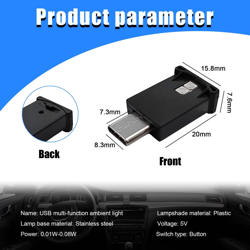 Sylvil 2 PCS USB Type C LED Ambient Light 8 Colors RGB Dynamic Gradient Brightness Interior Atmosphere Lamp Mini Adjustable Car Accessories Replace Lighting Parts for Home Laptop - Image 4