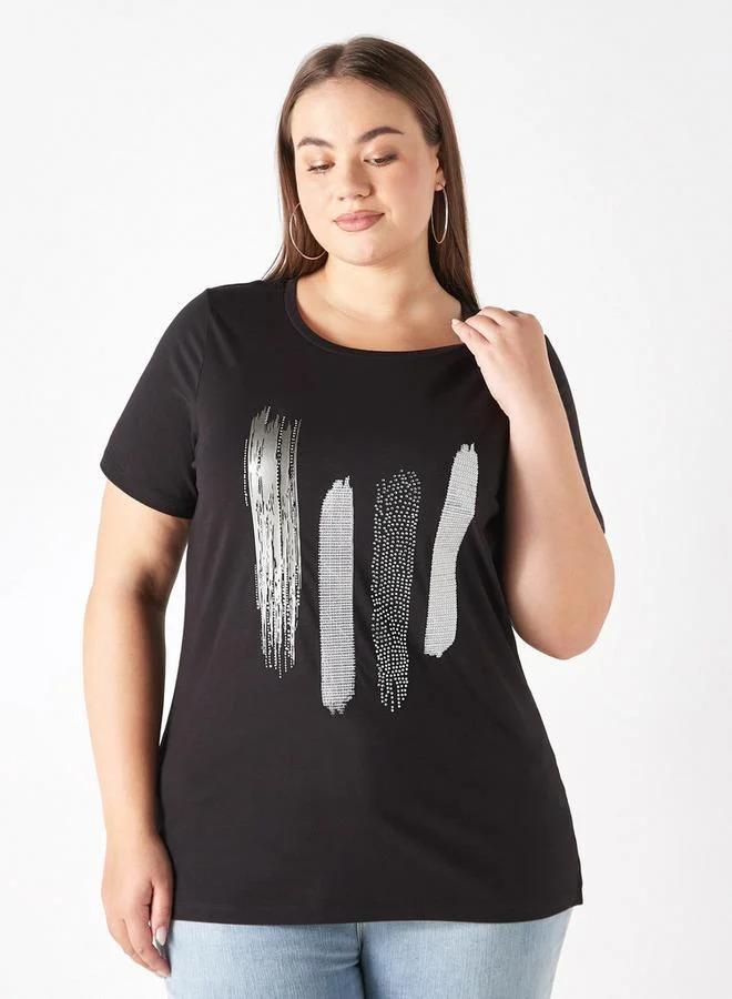 Ulla Popken Plus Size Ulla Popken Printed T-shirt with Round Neck and Short Sleeves