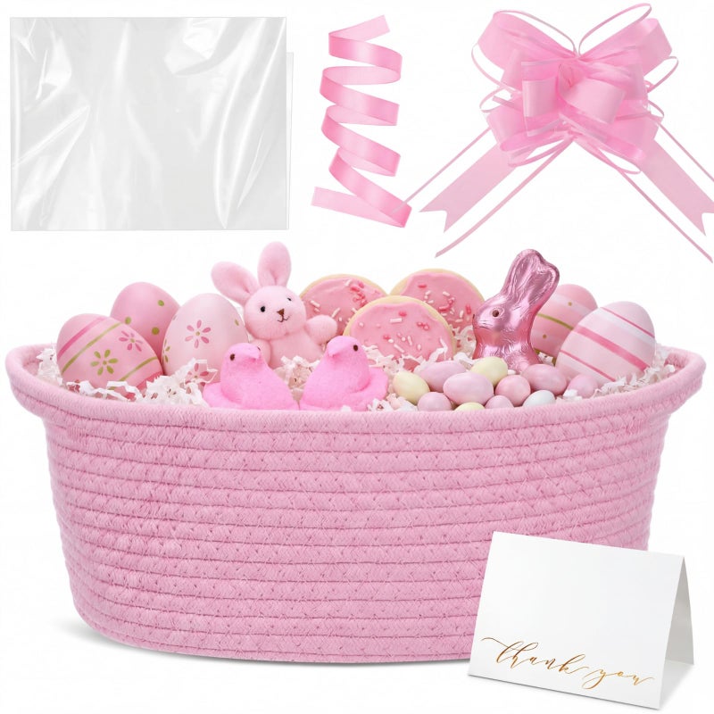 Colingmill Graduation Woven Basket with Gift Bags and 2 Ribbons Raffia Grass Paper Shred Filler Gift Card Empty Small Rope Basket for Storage Presents Toy OrganizerPink12 8 Inch - Image 2