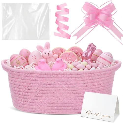 Colingmill Graduation Woven Basket with Gift Bags and 2 Ribbons Raffia Grass Paper Shred Filler Gift Card Empty Small Rope Basket for Storage Presents Toy OrganizerPink12 8 Inch - Image 1