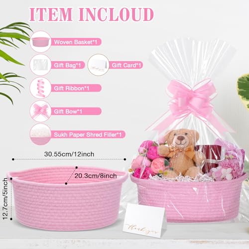 Colingmill Graduation Woven Basket with Gift Bags and 2 Ribbons Raffia Grass Paper Shred Filler Gift Card Empty Small Rope Basket for Storage Presents Toy OrganizerPink12 8 Inch - Image 3