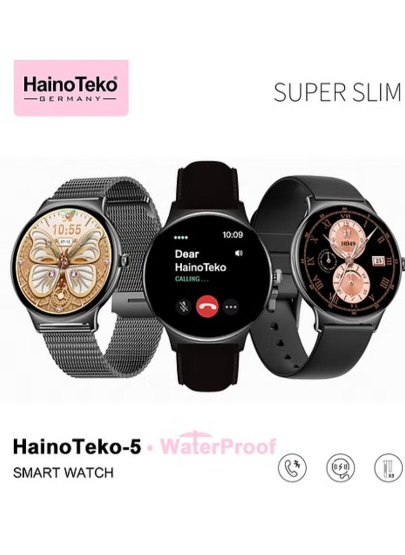 HainoTeko Super Slim Smart Watch for Ladies, Round Shape AMOLED Display, Waterproof, AI Voice Assistance, 3 Interchangeable Straps, Black – Stylish & Feature-Rich Fitness Tracker for Daily Use - Image 2