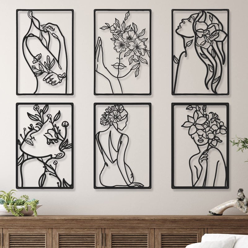 Cindeer Cindeer 6 Pieces Black Metal Bedroom Wall Decor Minimalist Metal Wall Art Modern Abstract Woman Line Art Living Room Decor Aesthetic Female Bedroom Pictures Sculpture Line Drawing Hanging 