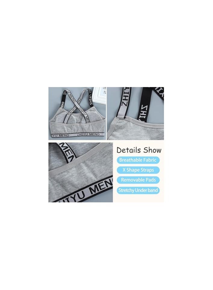 4-Pack Young Girls' Cotton Training Bras with Removable Pads, X-Back Design, Comfortable Crop Tops, Sports Bras for Ages 7-12, Supportive Underwear Set for Active Girls. - Image 5