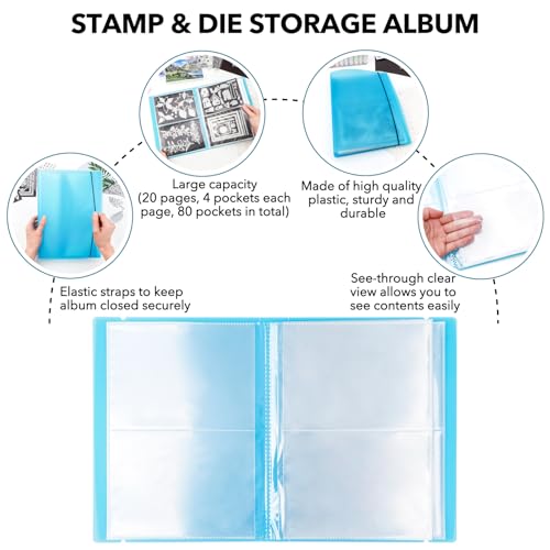 CYFUN DESIGN 20 Pages / 80 Pockets Stamps and Dies Storage Album Book Organizer Folder Plastic Large Sticker Photo Storage Bags for Cutting Dies Stencil Stamp Crafts DIY Scrapbooking 7x5.1inch/Pocket (Blue) - Image 5