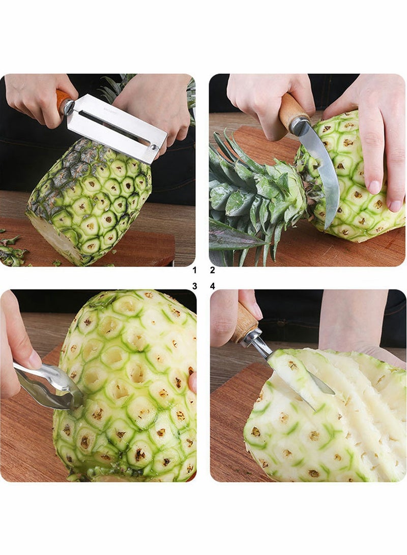 SYOSI Sugarcane Peeling Kinves Pineapple Knife 4 in 1 Stainless Steel Blade Natural Nonslip Wooden Handle Peeler  - Image 4