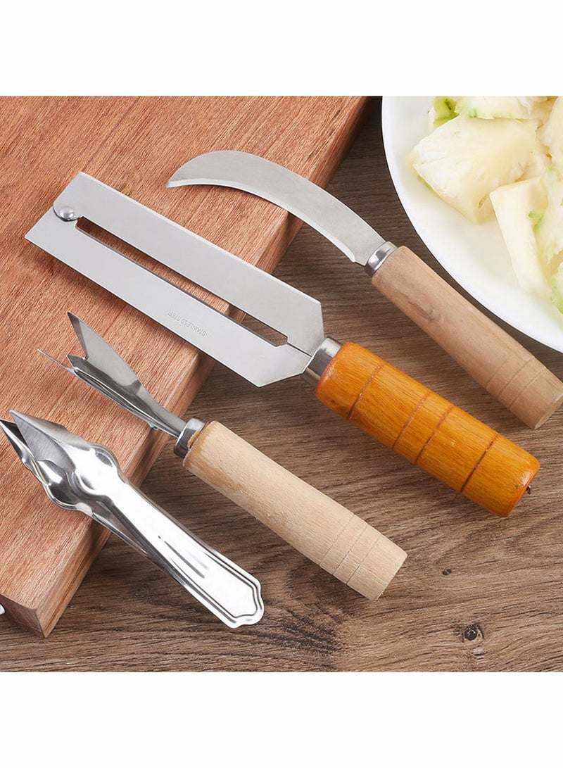 SYOSI Sugarcane Peeling Kinves Pineapple Knife 4 in 1 Stainless Steel Blade Natural Nonslip Wooden Handle Peeler  - Image 2